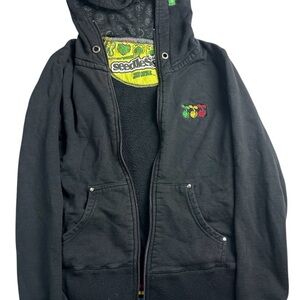 🌿🖤 Seedless Black Fleece Lined Zip Hoodie Rasta Cuffs Y2K 🖤🌿